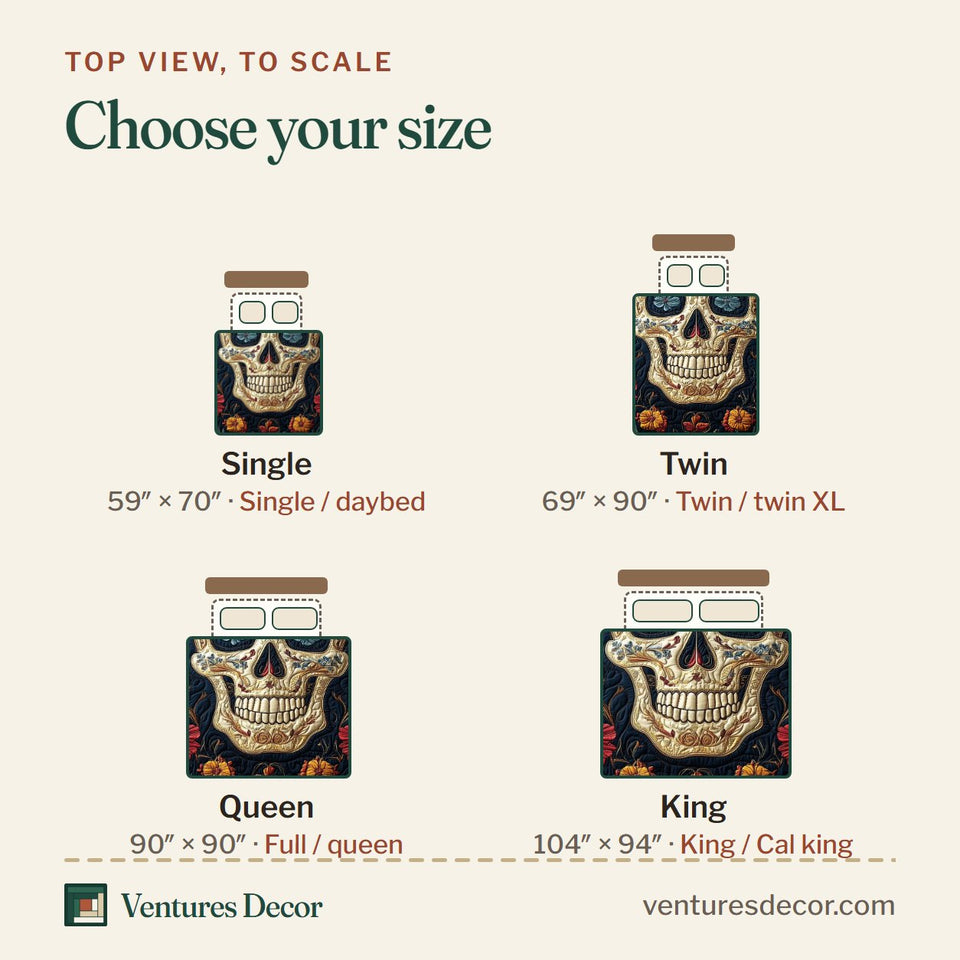 Size guide for the Floral Skull Folk Bloom on Navy quilt, top view to scale: Single 59 x 70 in, Twin 69 x 90 in, Queen 90 x 90 in, King 104 x 94 in