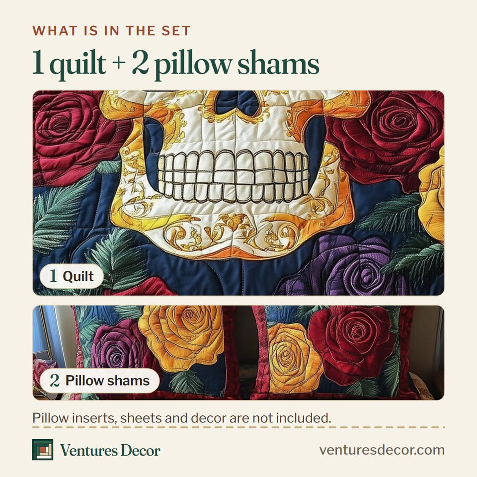 What is in the set: one quilt and two pillow shams, shown in the Floral Skull Golden Rose Patchwork design