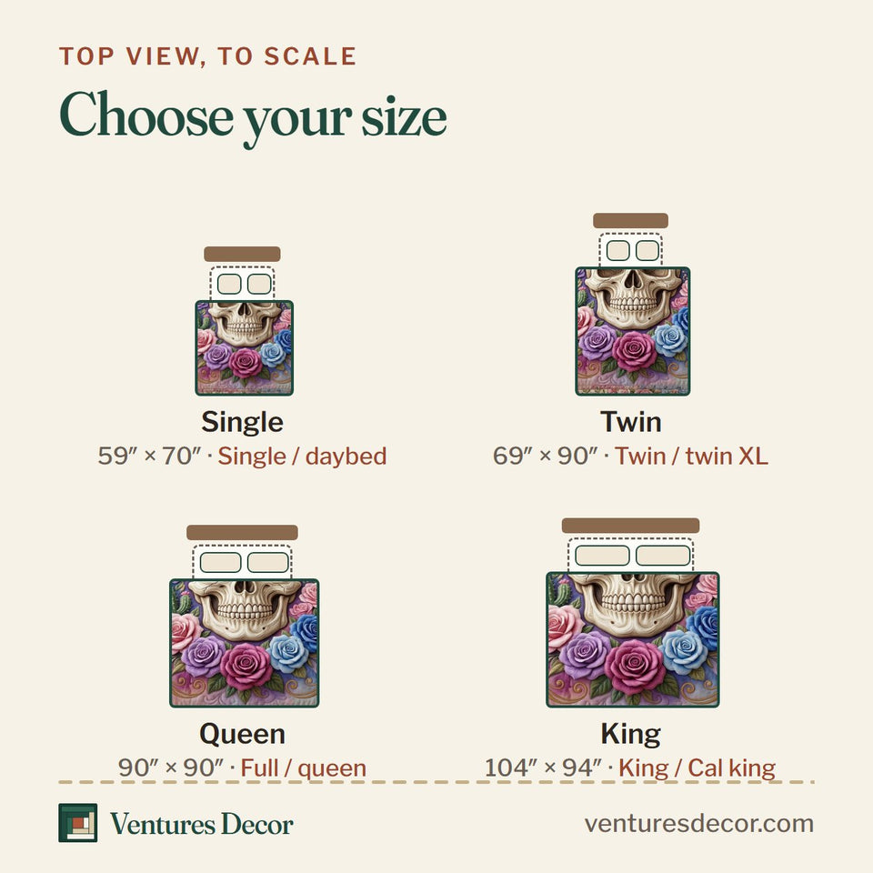 Size guide for the Floral Skull Pastel Rose Wreath quilt, top view to scale: Single 59 x 70 in, Twin 69 x 90 in, Queen 90 x 90 in, King 104 x 94 in