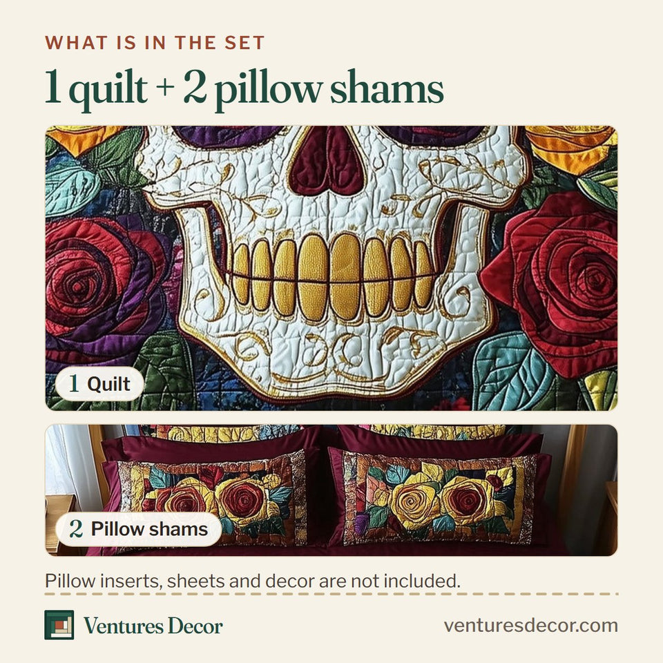 What is in the set: one quilt and two pillow shams, shown in the Floral Skull Wine Patch Rose design
