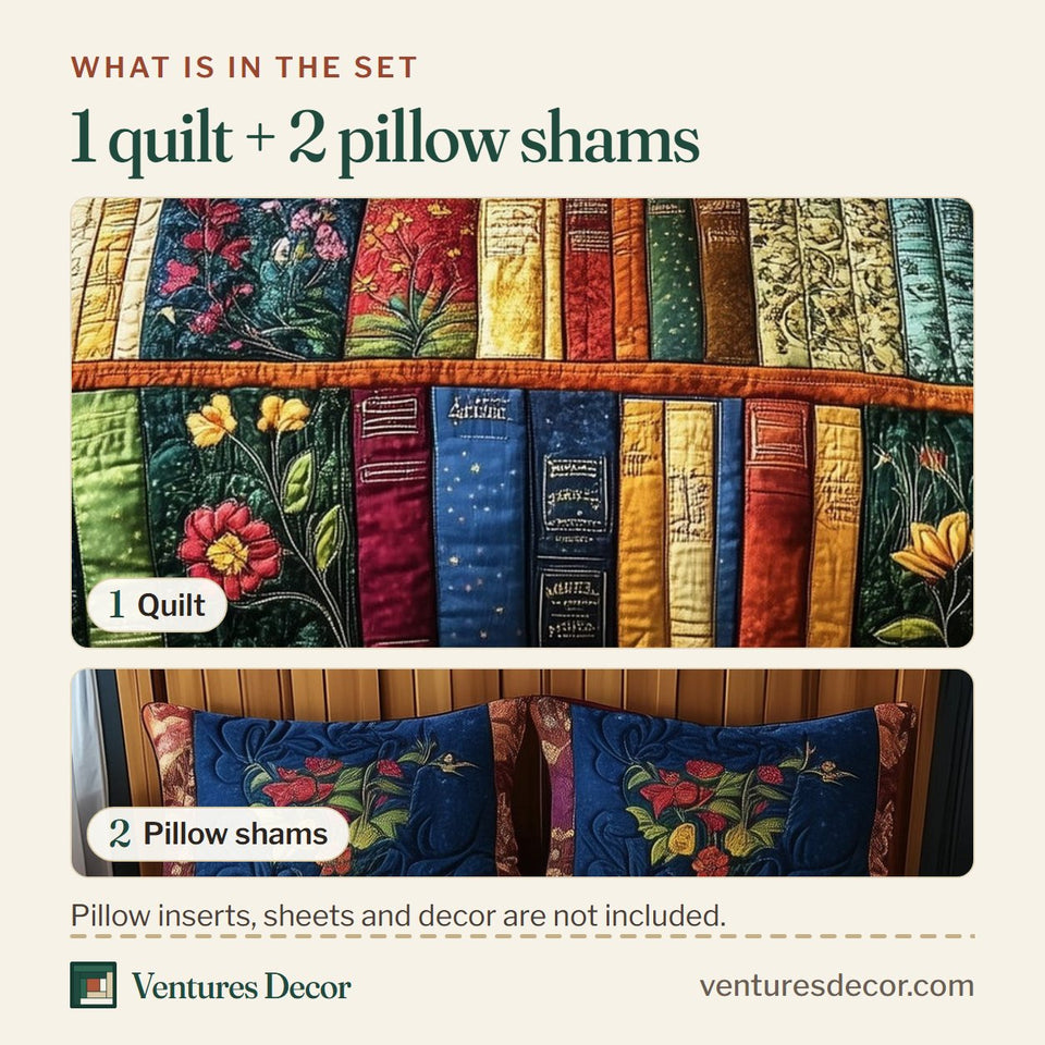What is in the set: one quilt and two pillow shams, shown in the Floral Spine Bookstack design