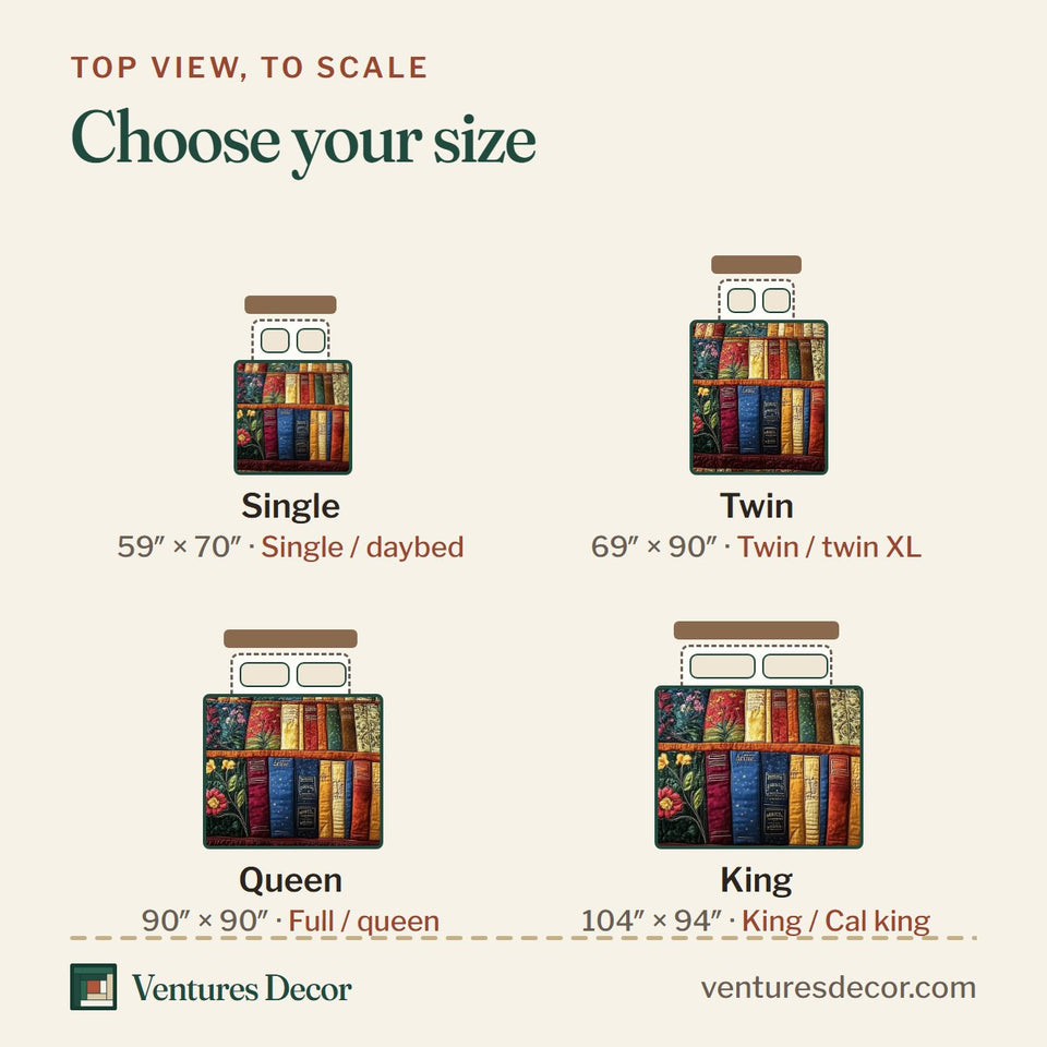 Size guide for the Floral Spine Bookstack quilt, top view to scale: Single 59 x 70 in, Twin 69 x 90 in, Queen 90 x 90 in, King 104 x 94 in