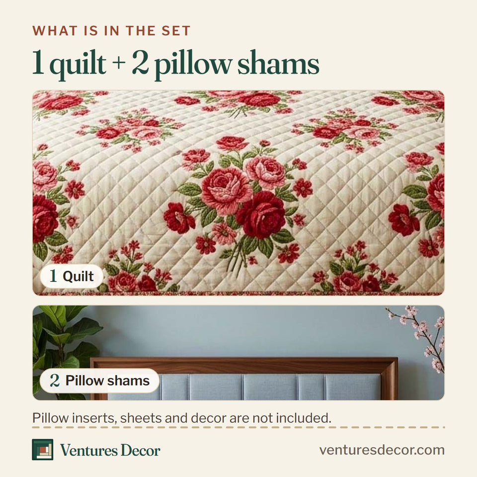 What is in the set: one quilt and two pillow shams, shown in the Floral Star design