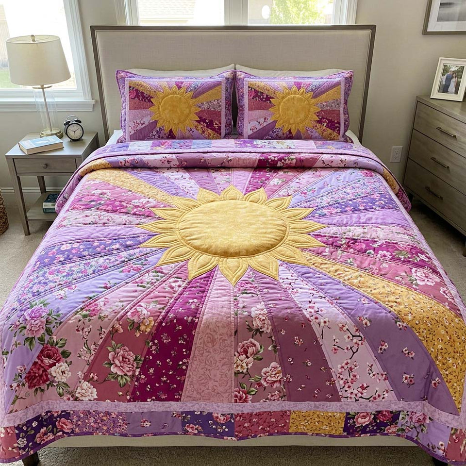 Floral Sunburst Lilac Patch Sun quilted bedding set, quilt and two pillow shams on a made bed