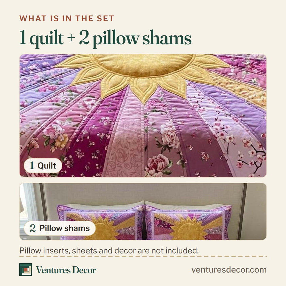 What is in the set: one quilt and two pillow shams, shown in the Floral Sunburst Lilac Patch Sun design