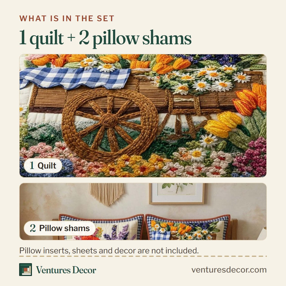 What is in the set: one quilt and two pillow shams, shown in the Floral Wagon design