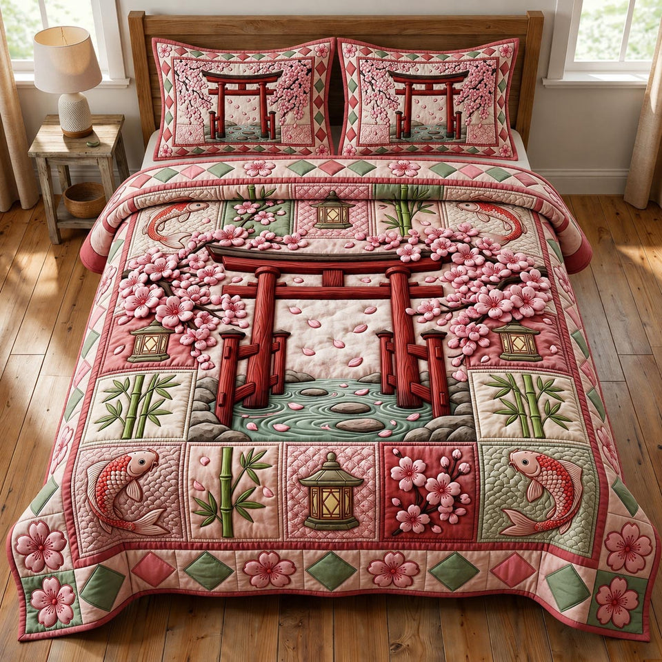 Flower Garden Cherry Blossom Gate quilted bedding set, quilt and two pillow shams on a made bed