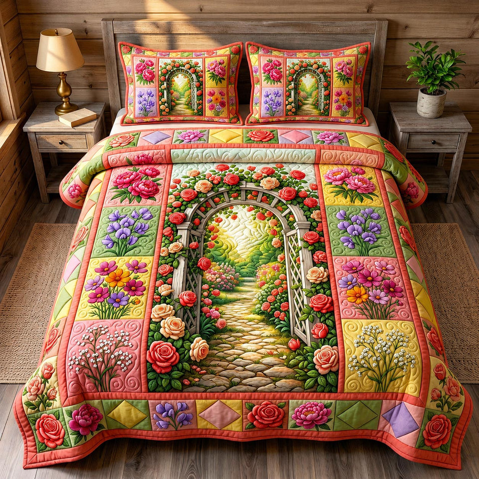 Flower Garden Rose Arbor Path quilted bedding set, quilt and two pillow shams on a made bed