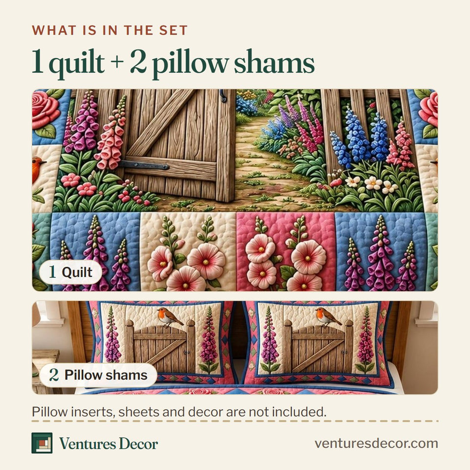 What is in the set: one quilt and two pillow shams, shown in the Flower Garden Rustic Gate Robins design