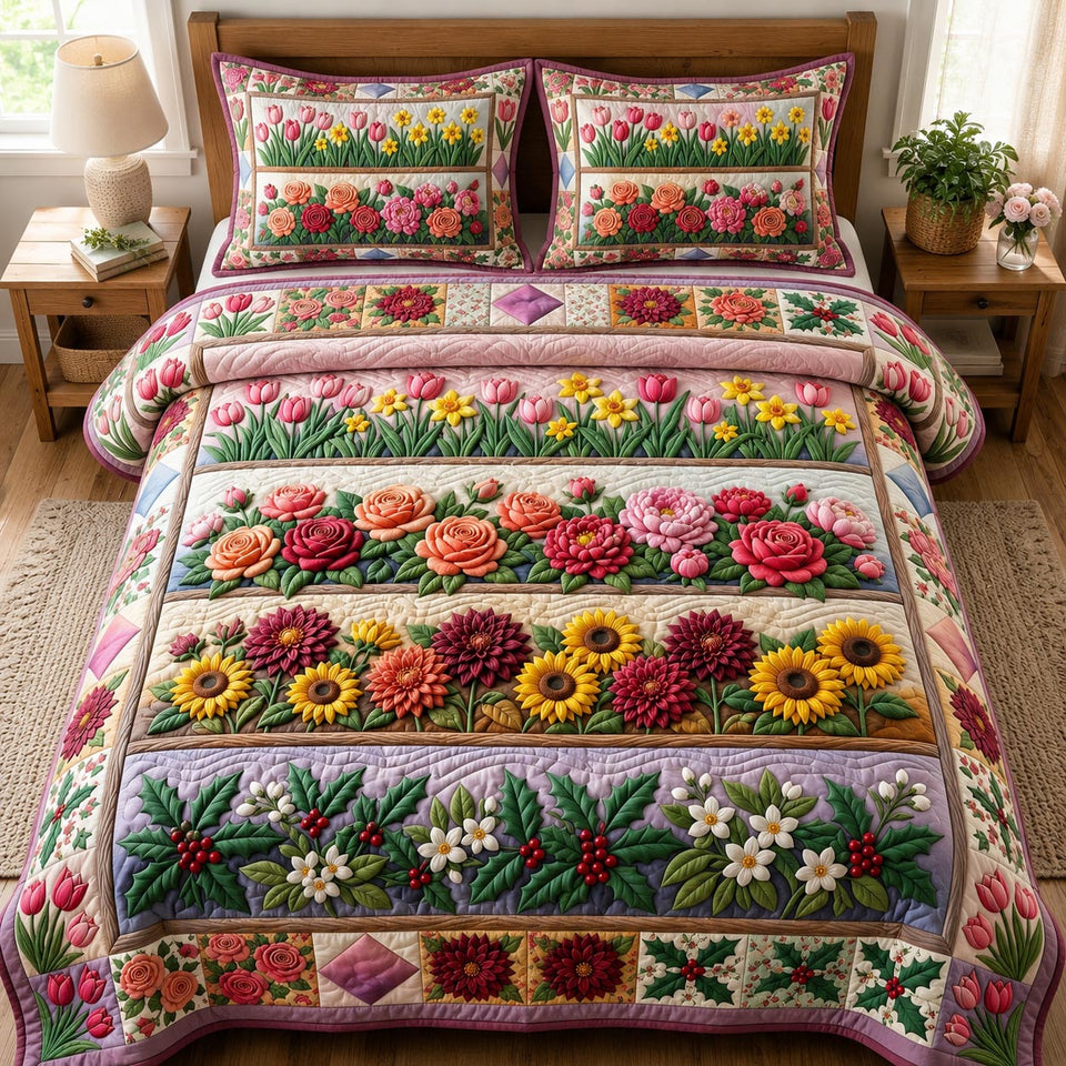 Flower Garden Striped Bloom Rows quilted bedding set, quilt and two pillow shams on a made bed