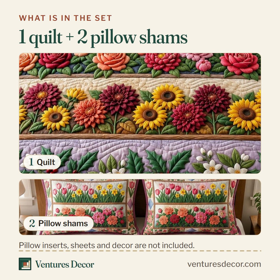What is in the set: one quilt and two pillow shams, shown in the Flower Garden Striped Bloom Rows design