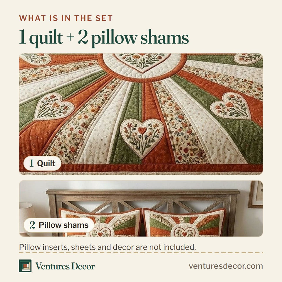 What is in the set: one quilt and two pillow shams, shown in the Flower Patchwork Autumn Ray Heart design