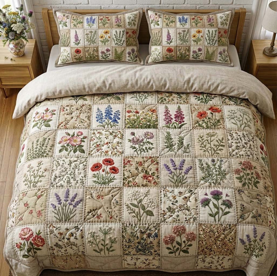 Flower Patchwork Botanical Sampler Grid quilted bedding set, quilt and two pillow shams on a made bed