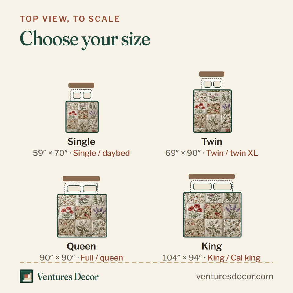 Size guide for the Flower Patchwork Botanical Sampler Grid quilt, top view to scale: Single 59 x 70 in, Twin 69 x 90 in, Queen 90 x 90 in, King 104 x 94 in