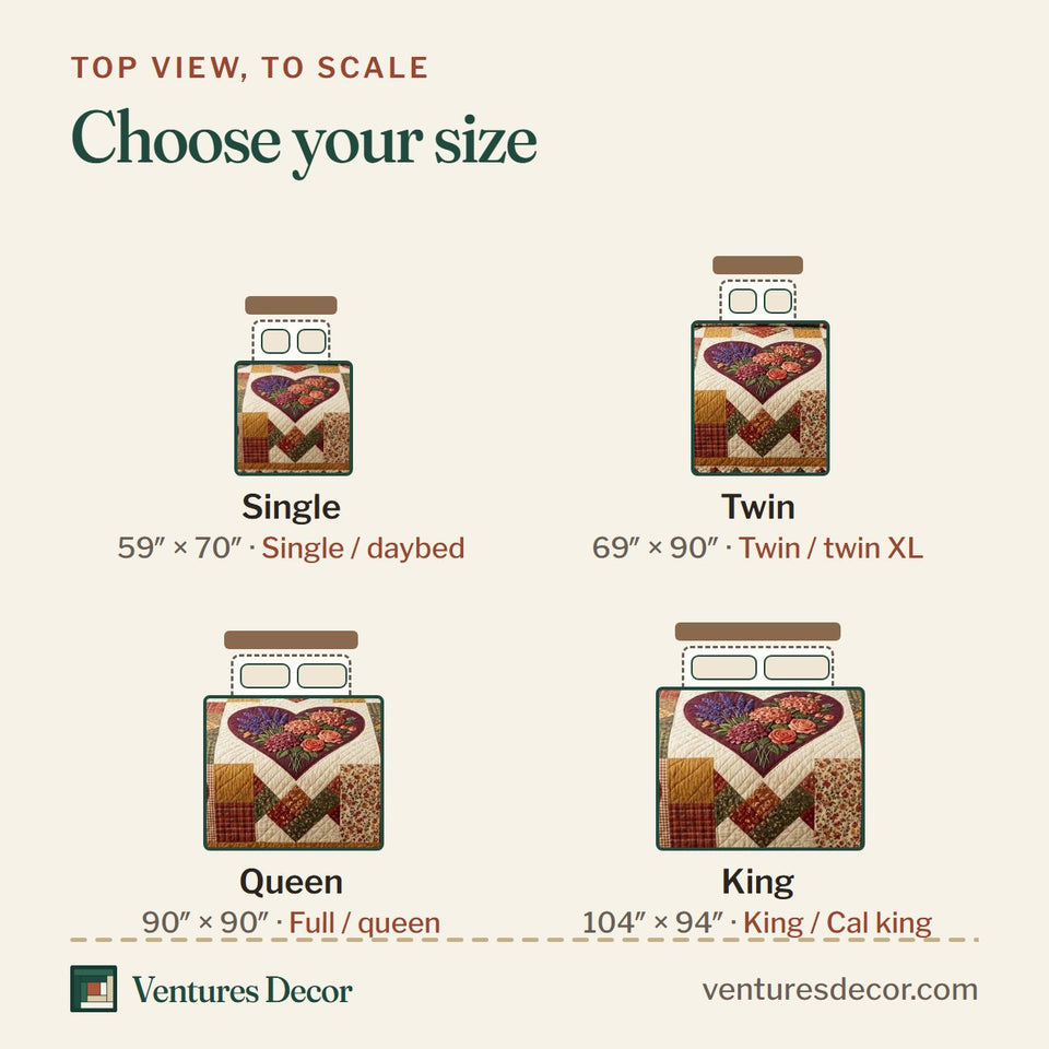 Size guide for the Flower Patchwork Calico Center Heart quilt, top view to scale: Single 59 x 70 in, Twin 69 x 90 in, Queen 90 x 90 in, King 104 x 94 in