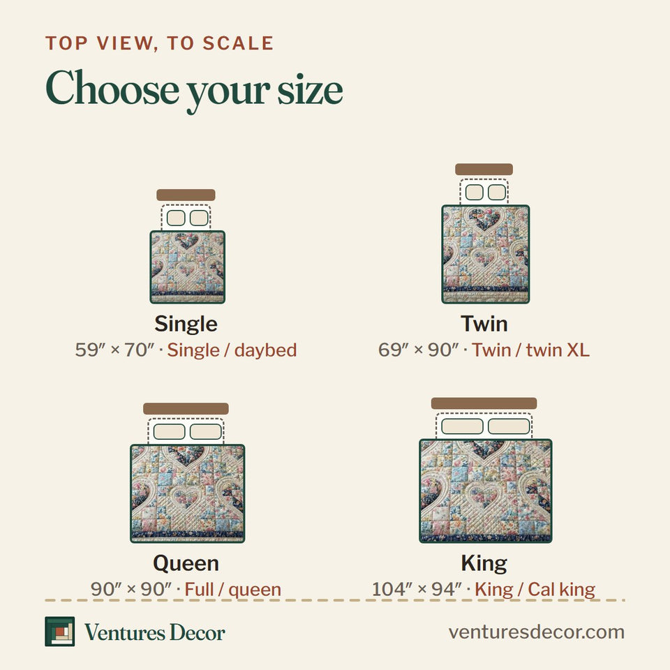 Size guide for the Flower Patchwork Navy Border Blue Hearts quilt, top view to scale: Single 59 x 70 in, Twin 69 x 90 in, Queen 90 x 90 in, King 104 x 94 in