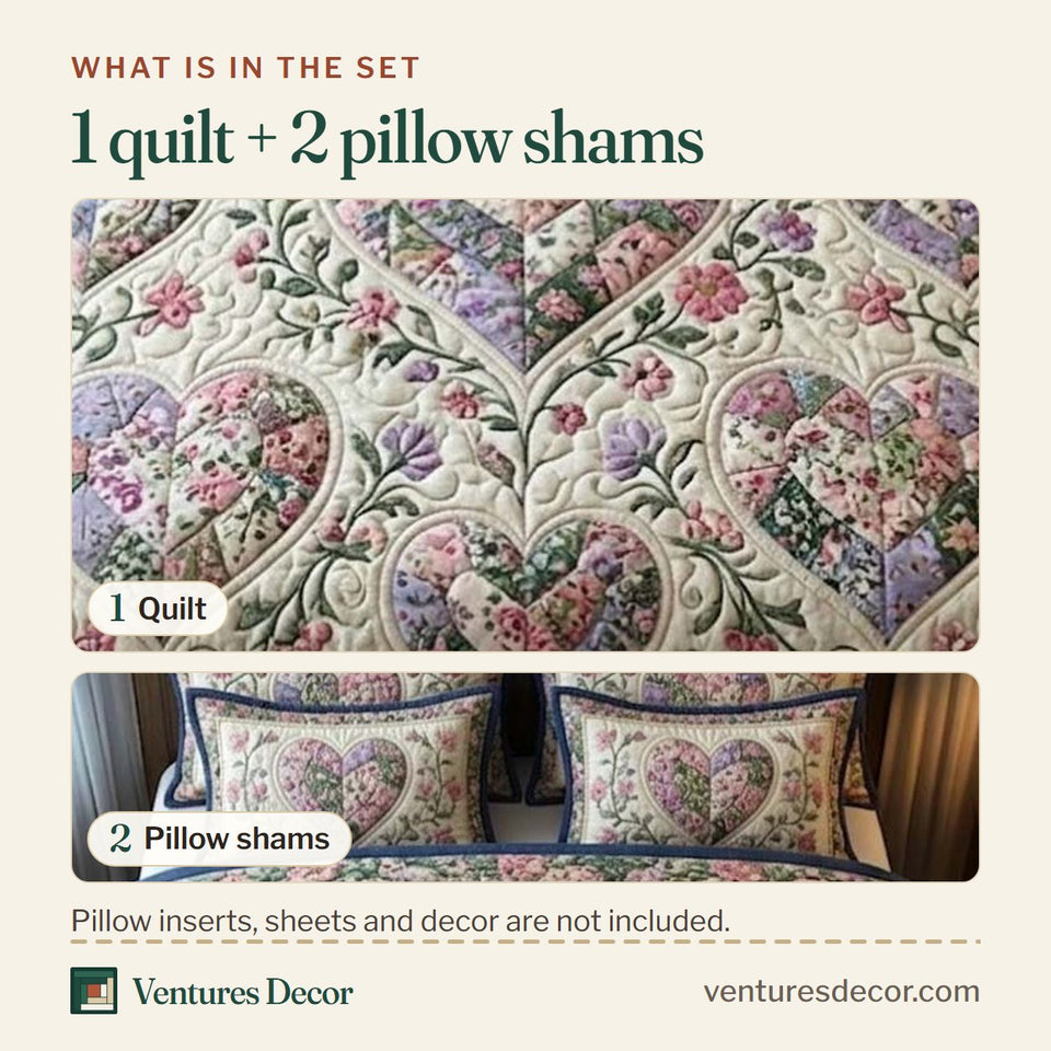 What is in the set: one quilt and two pillow shams, shown in the Flower Patchwork Navy Trim Heart Wreath design