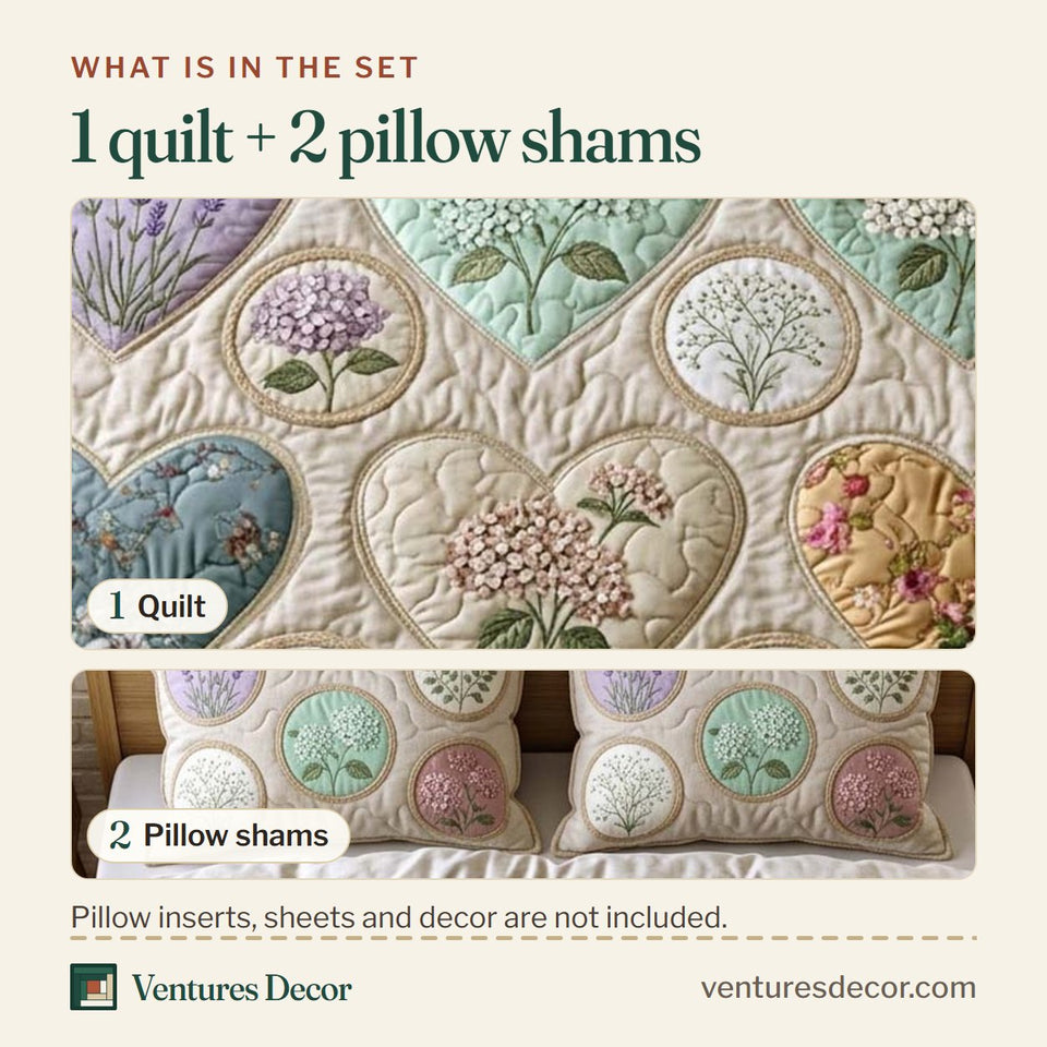 What is in the set: one quilt and two pillow shams, shown in the Flower Patchwork Pastel Round Blooms design
