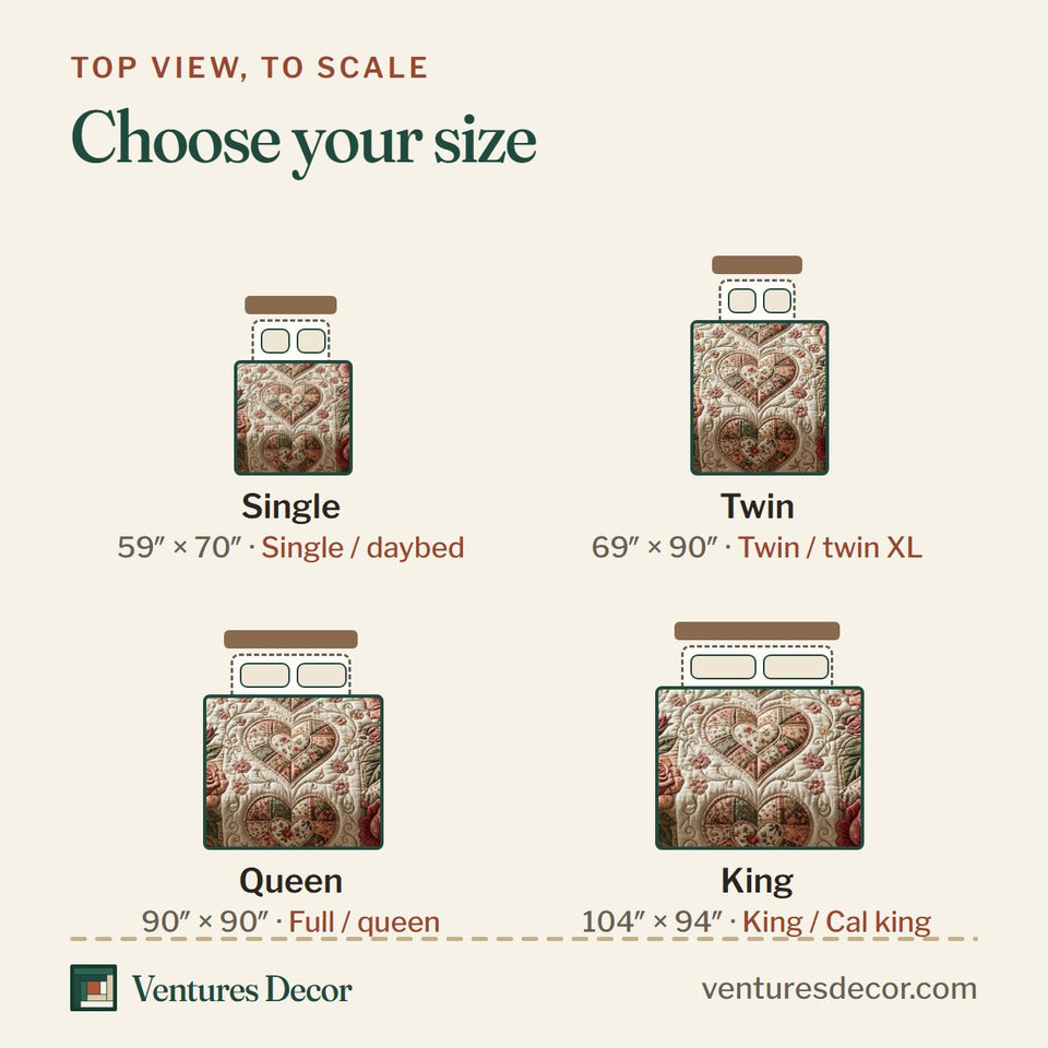 Size guide for the Flower Patchwork Rose Vine Hearts quilt, top view to scale: Single 59 x 70 in, Twin 69 x 90 in, Queen 90 x 90 in, King 104 x 94 in
