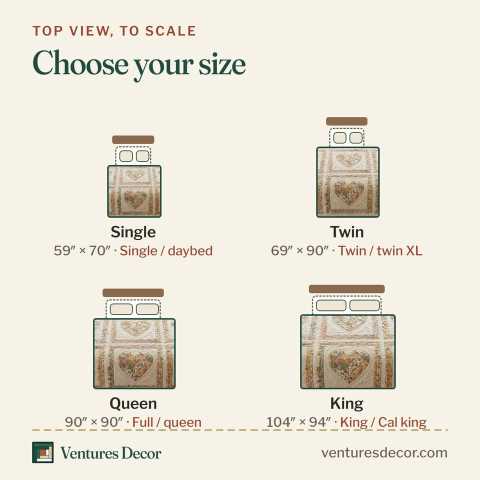 Size guide for the Flower Patchwork Sage Tile Hearts quilt, top view to scale: Single 59 x 70 in, Twin 69 x 90 in, Queen 90 x 90 in, King 104 x 94 in