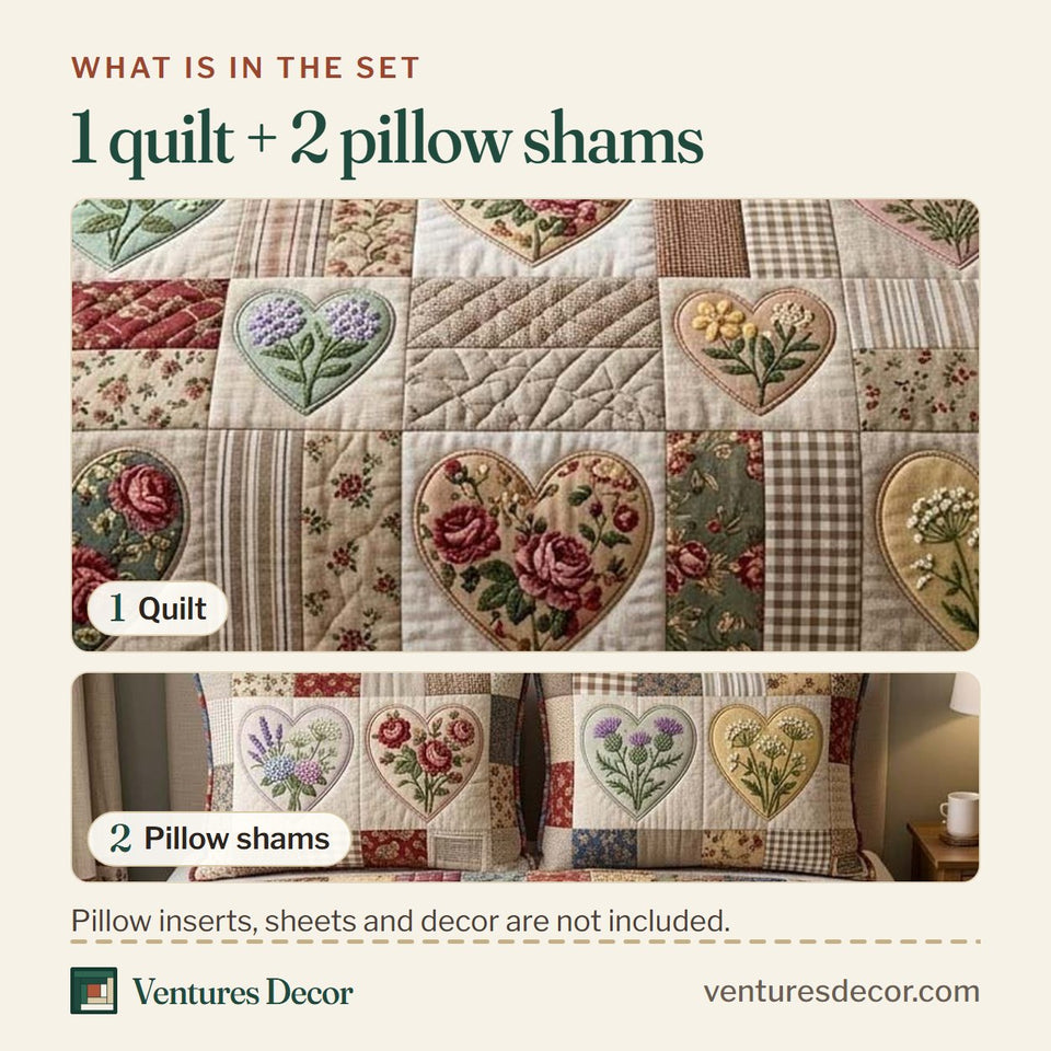 What is in the set: one quilt and two pillow shams, shown in the Flower Patchwork Taupe Block Hearts design