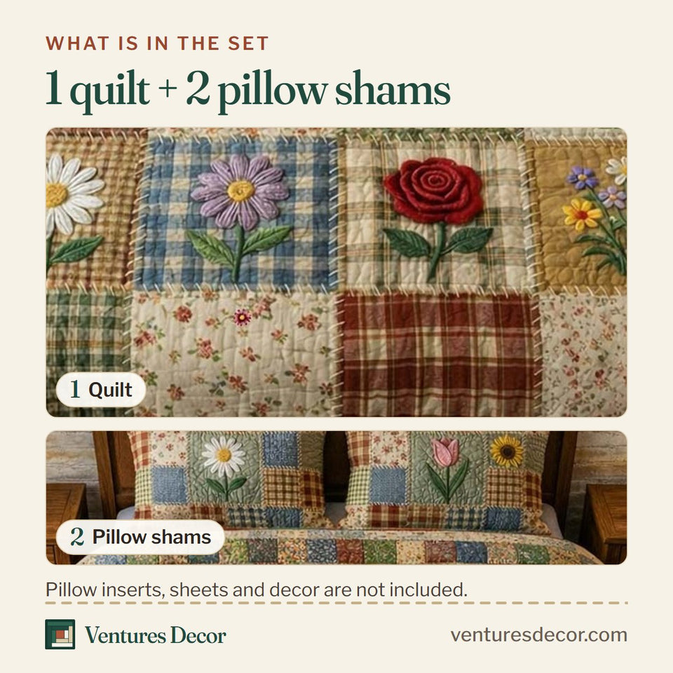 What is in the set: one quilt and two pillow shams, shown in the Flowers Patchwork Olive Plaid Blooms design