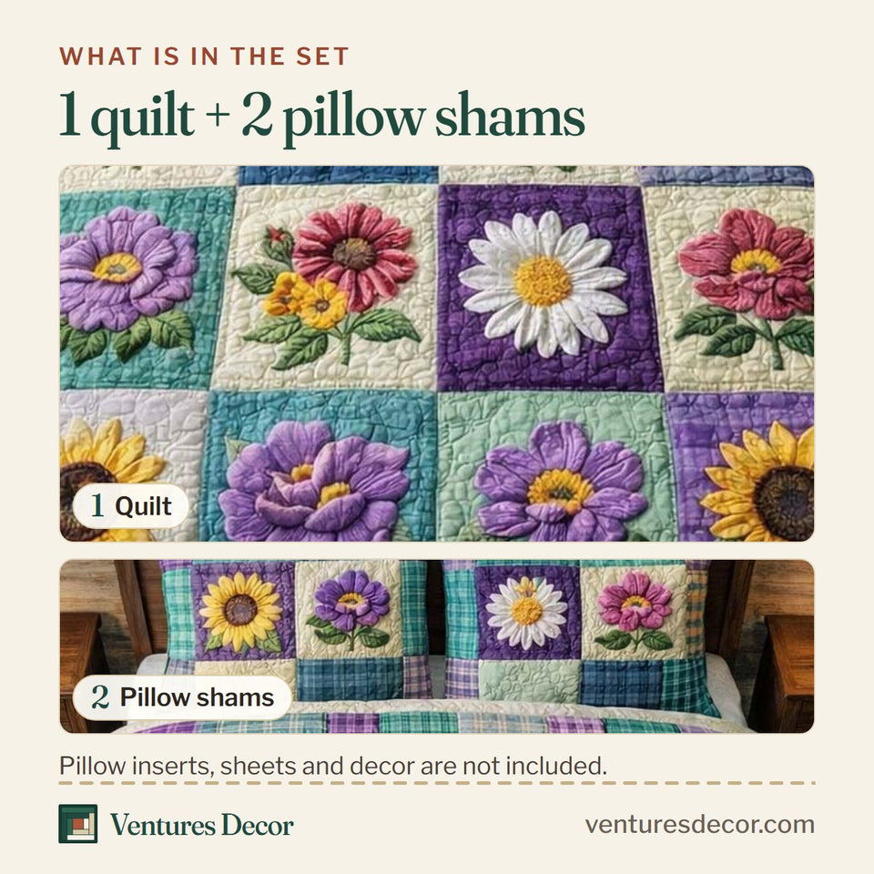 What is in the set: one quilt and two pillow shams, shown in the Flowers Patchwork Purple Check Daisies design