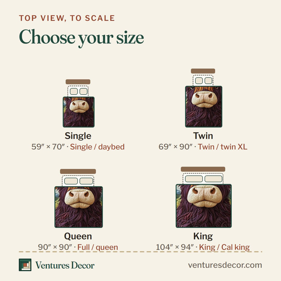 Size guide for the Fluffy Fighter quilt, top view to scale: Single 59 x 70 in, Twin 69 x 90 in, Queen 90 x 90 in, King 104 x 94 in
