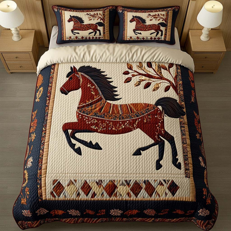 Folk Art Red Horse quilted bedding set, quilt and two pillow shams on a made bed
