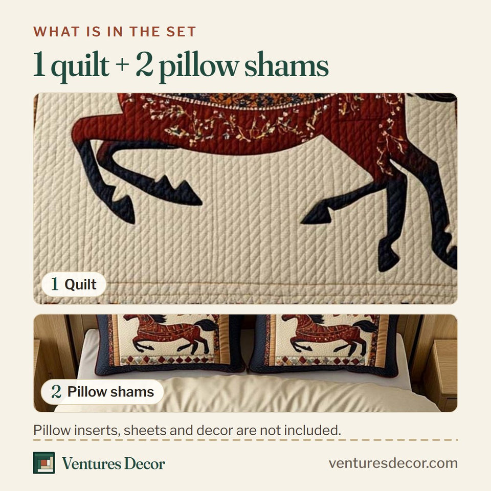 What is in the set: one quilt and two pillow shams, shown in the Folk Art Red Horse design