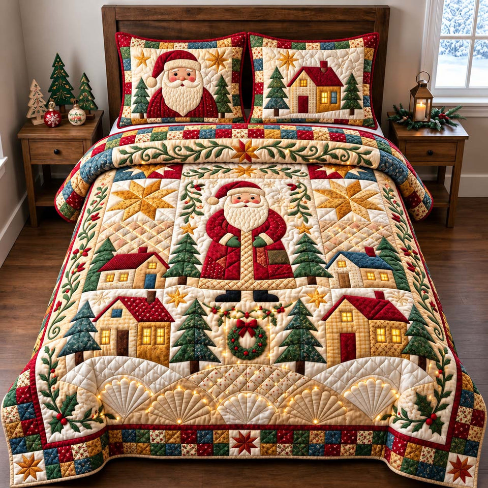 Folk Art Santa quilted bedding set, quilt and two pillow shams on a made bed