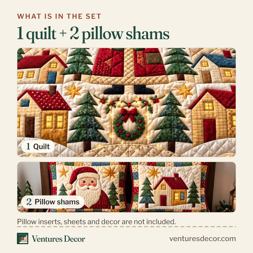 What is in the set: one quilt and two pillow shams, shown in the Folk Art Santa design