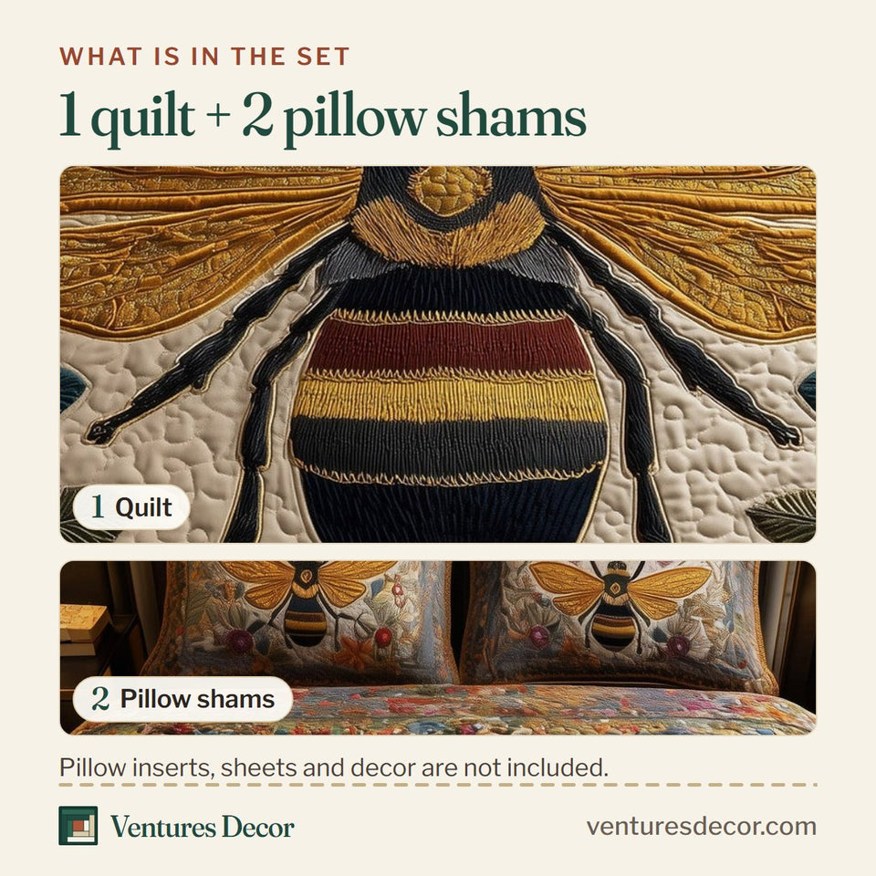 What is in the set: one quilt and two pillow shams, shown in the Folk Bloom Bumblebee design