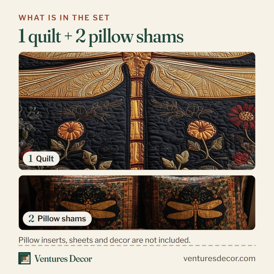 What is in the set: one quilt and two pillow shams, shown in the Folk Garden Dragonfly design