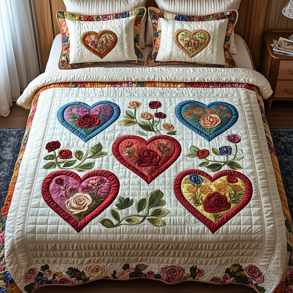 Folk Hearts in Bloom quilted bedding set, quilt and two pillow shams on a made bed