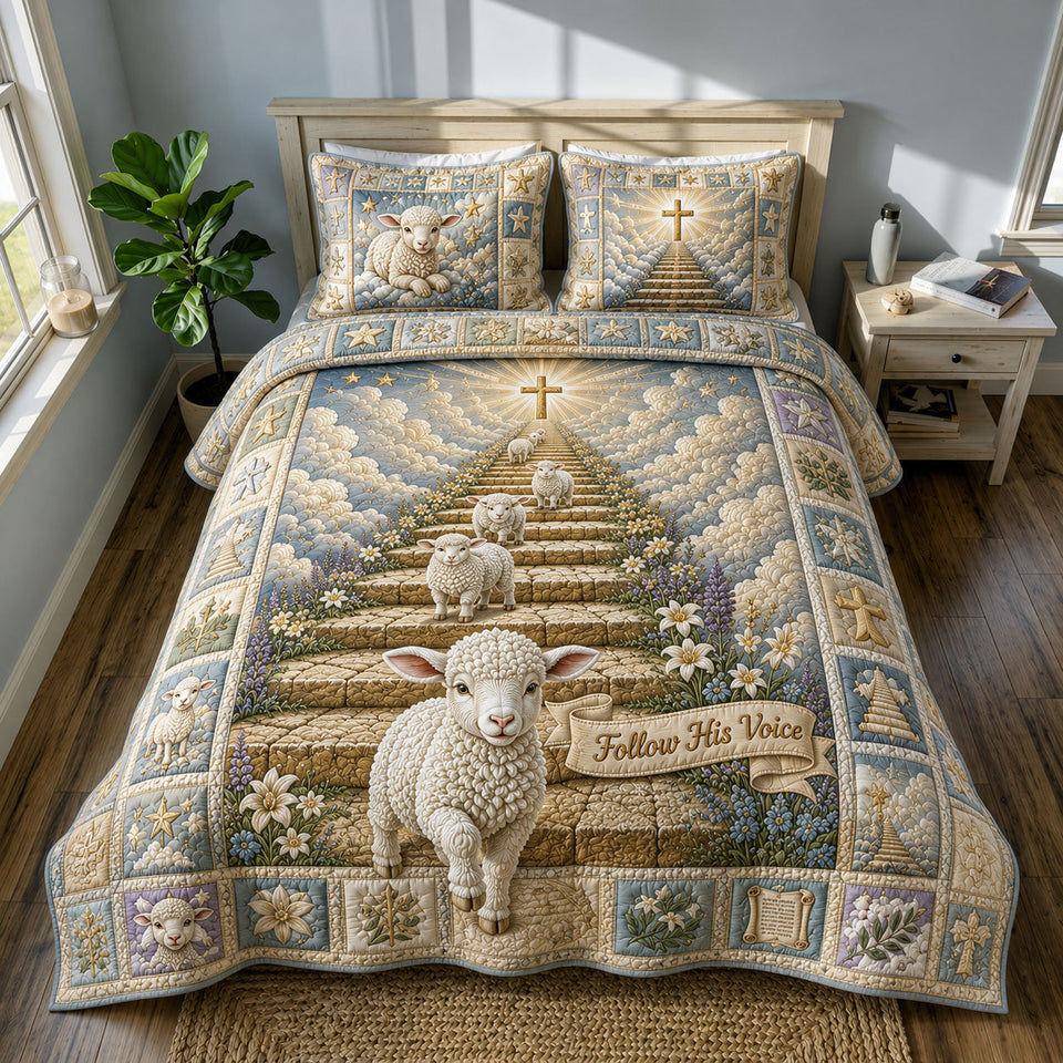 Follow His Voice quilted bedding set, quilt and two pillow shams on a made bed