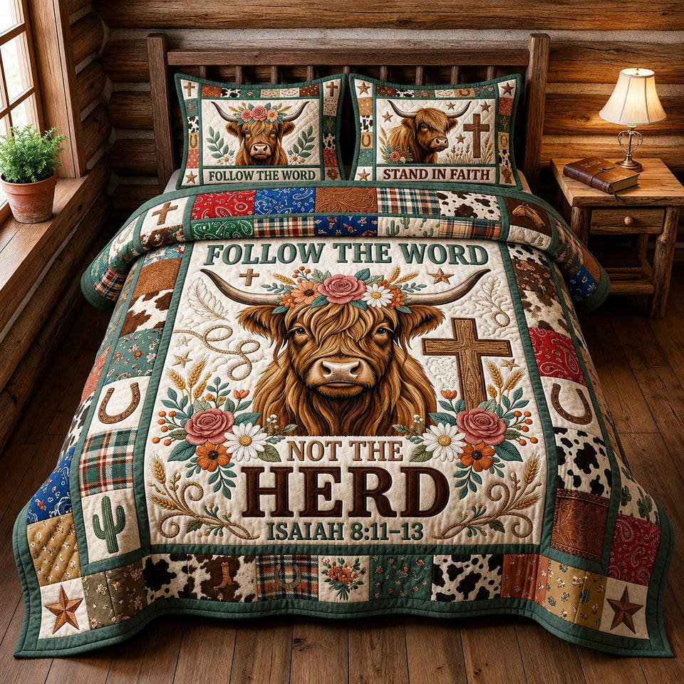 Follow The Word quilted bedding set, quilt and two pillow shams on a made bed