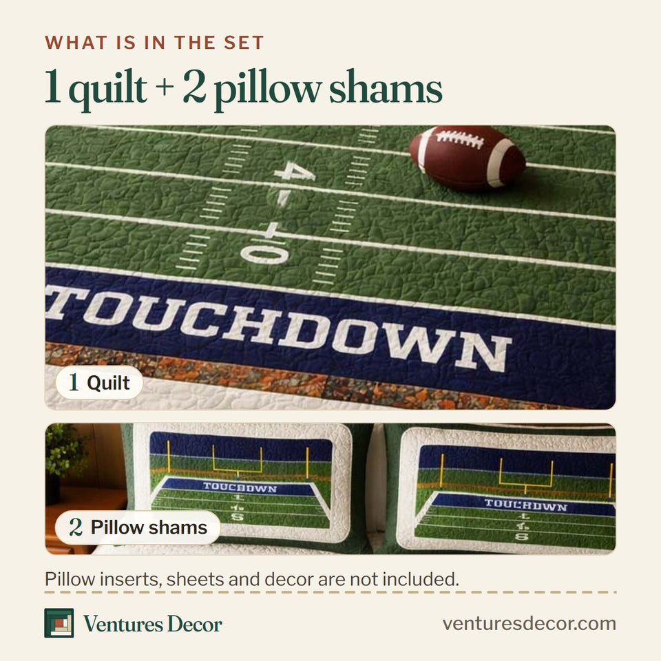 What is in the set: one quilt and two pillow shams, shown in the Football Field design