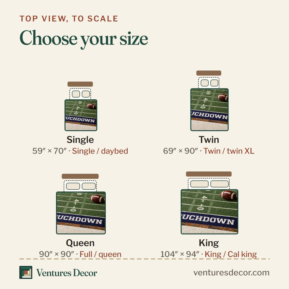 Size guide for the Football Field quilt, top view to scale: Single 59 x 70 in, Twin 69 x 90 in, Queen 90 x 90 in, King 104 x 94 in