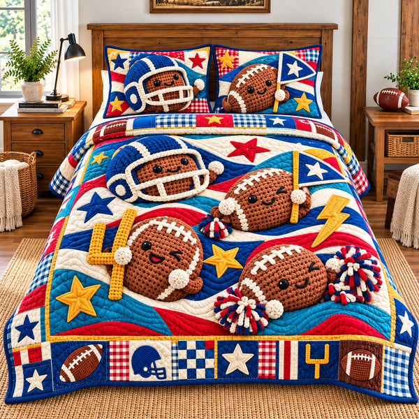 Football Game Legends quilted bedding set, quilt and two pillow shams on a made bed