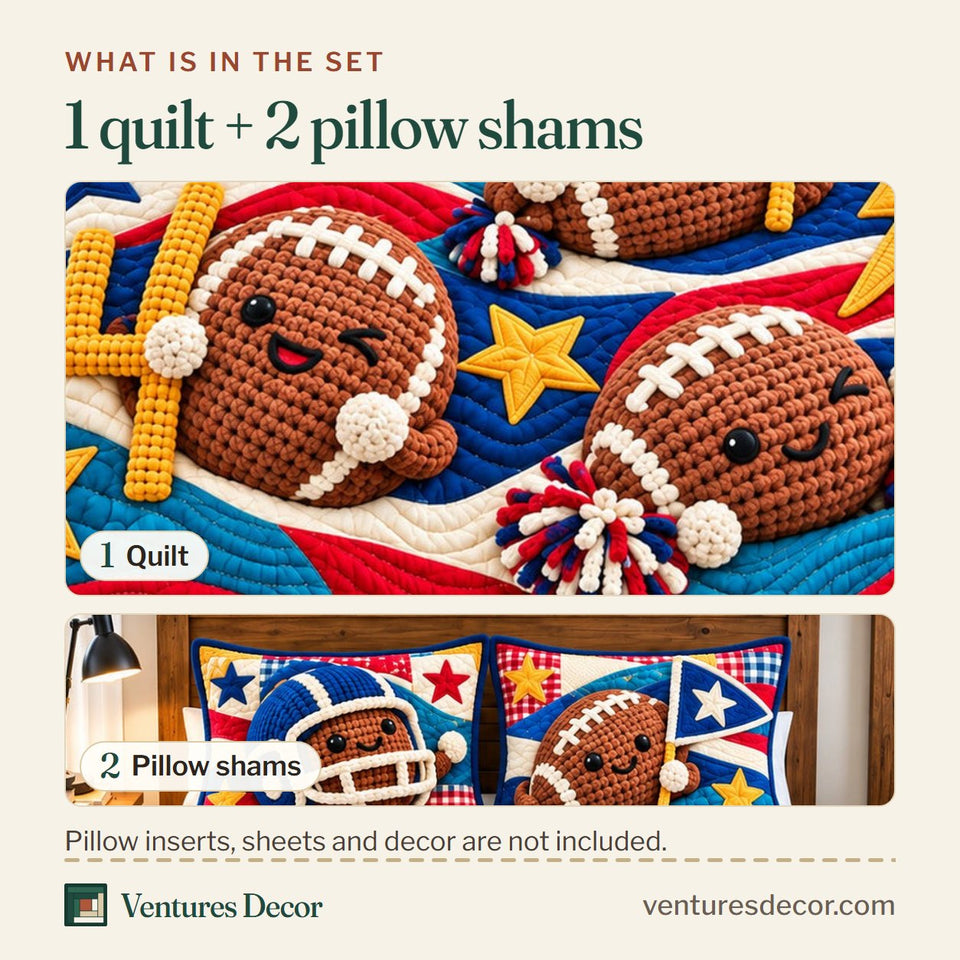 What is in the set: one quilt and two pillow shams, shown in the Football Game Legends Quilt Set, 3-Piece Quilted Bedding with 2 Pillow Shams design