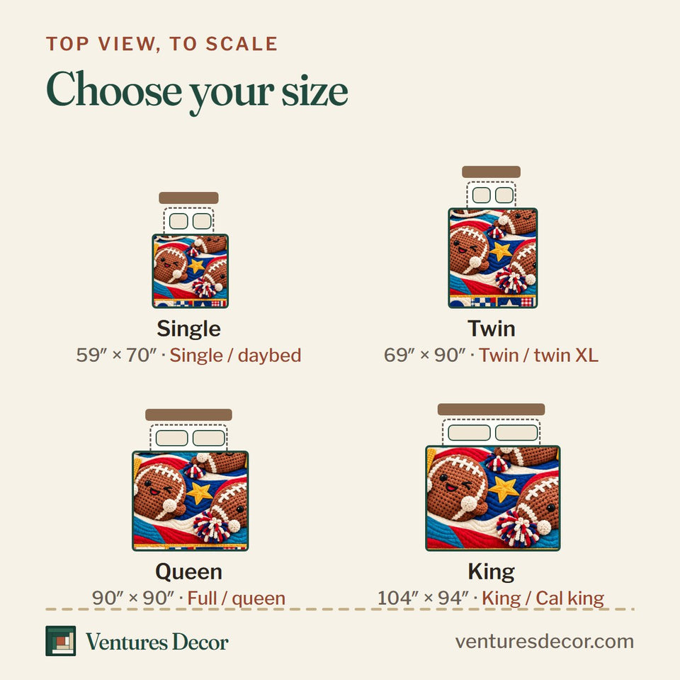 Size guide for the Football Game Legends Quilt Set, 3-Piece Quilted Bedding with 2 Pillow Shams quilt, top view to scale: Single 59 x 70 in, Twin 69 x 90 in, Queen 90 x 90 in, King 104 x 94 in