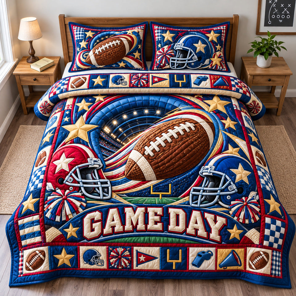 Football Gridiron Spirit quilted bedding set, quilt and two pillow shams on a made bed