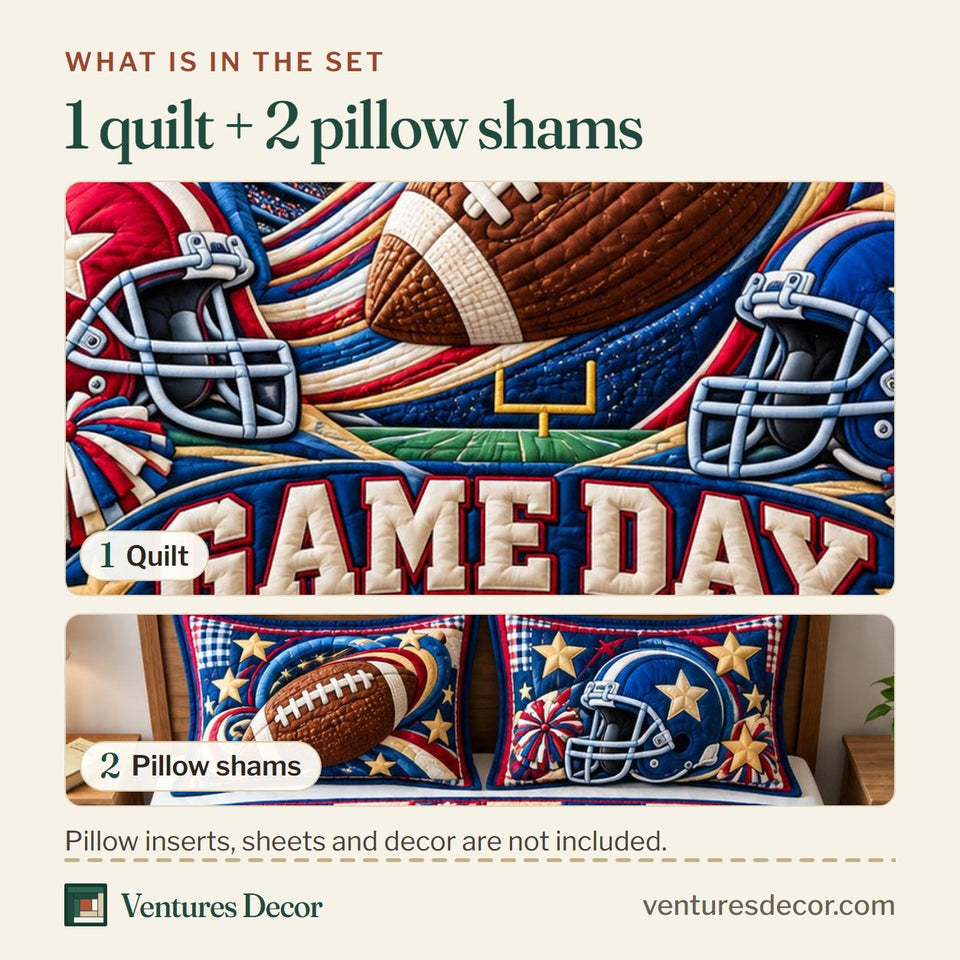 What is in the set: one quilt and two pillow shams, shown in the Football Gridiron Spirit Quilt Set, 3-Piece Quilted Bedding with 2 Pillow Shams design