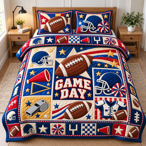 Football Sunday Tradition quilted bedding set, quilt and two pillow shams on a made bed
