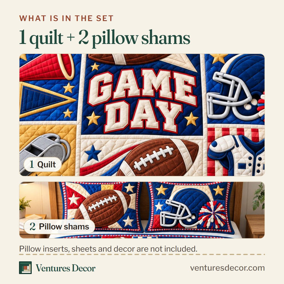 What is in the set: one quilt and two pillow shams, shown in the Football Sunday Tradition Quilt Set, 3-Piece Quilted Bedding with 2 Pillow Shams design
