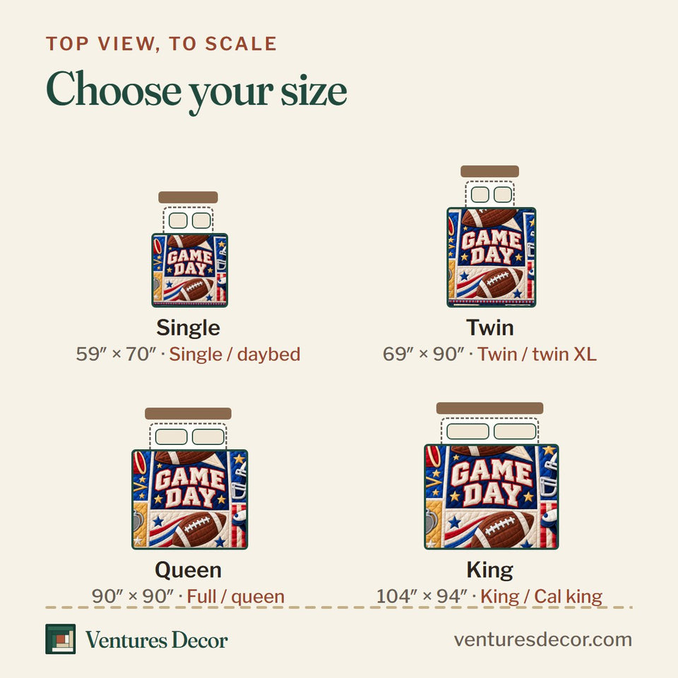 Size guide for the Football Sunday Tradition Quilt Set, 3-Piece Quilted Bedding with 2 Pillow Shams quilt, top view to scale: Single 59 x 70 in, Twin 69 x 90 in, Queen 90 x 90 in, King 104 x 94 in