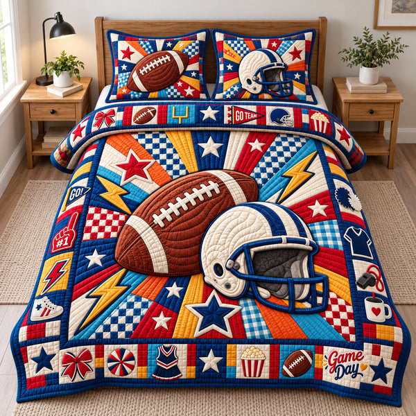 Football Touchdown Glory quilted bedding set, quilt and two pillow shams on a made bed
