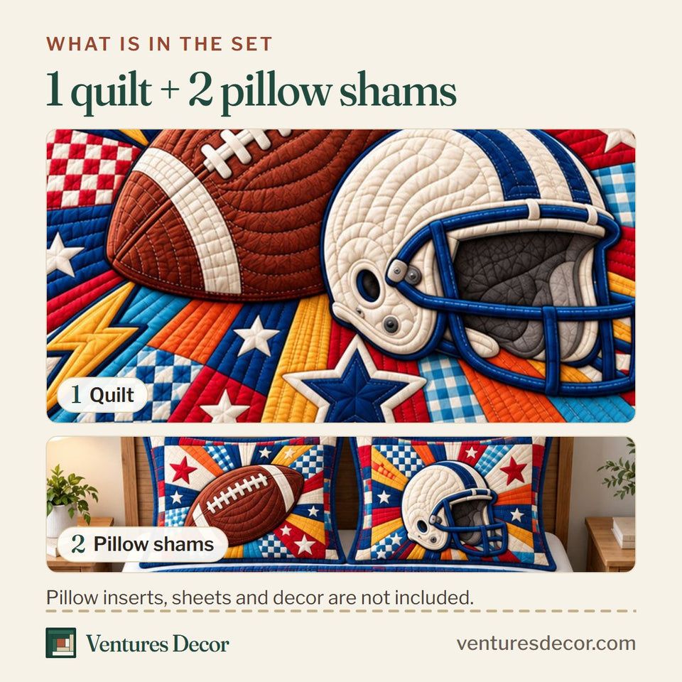 What is in the set: one quilt and two pillow shams, shown in the Football Touchdown Glory Quilt Set, 3-Piece Quilted Bedding with 2 Pillow Shams design