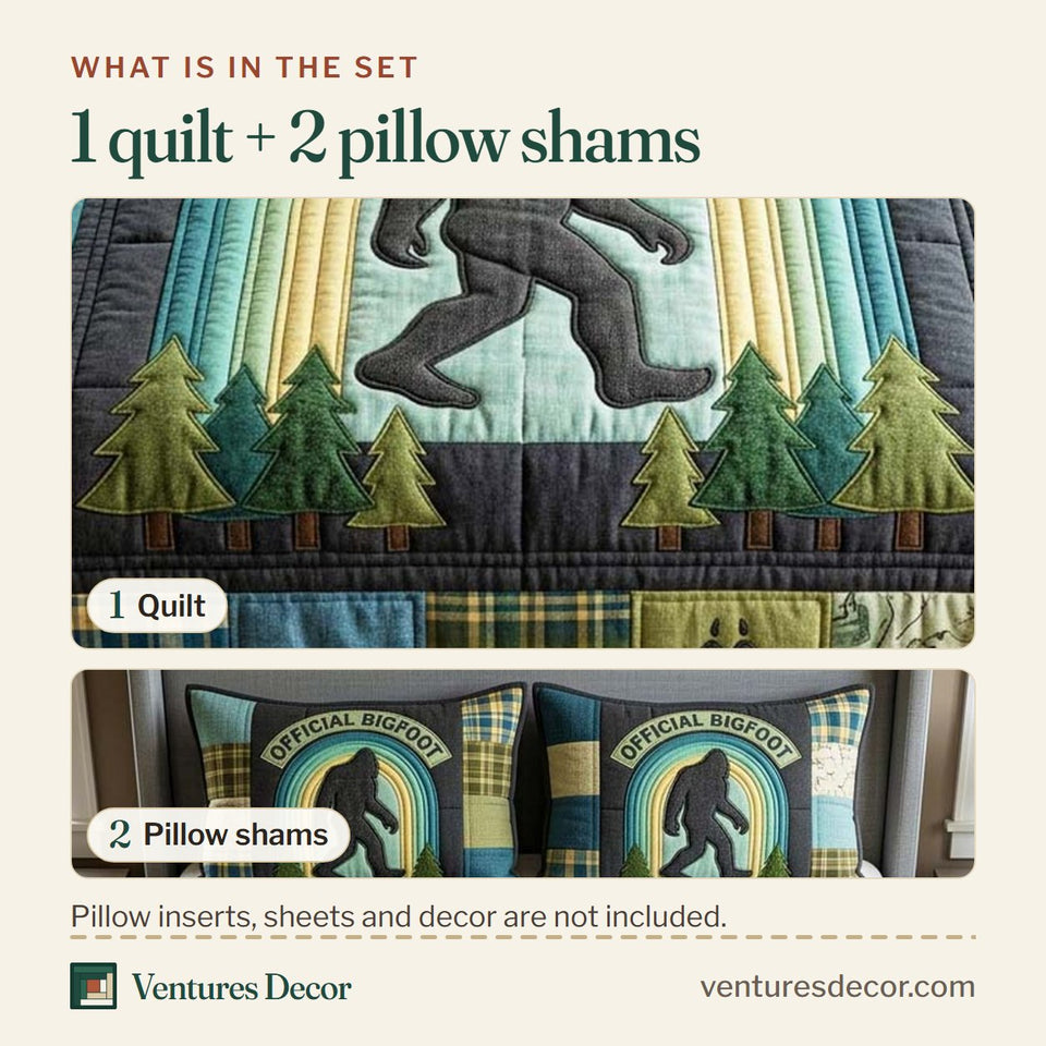 What is in the set: one quilt and two pillow shams, shown in the Forest Badge design